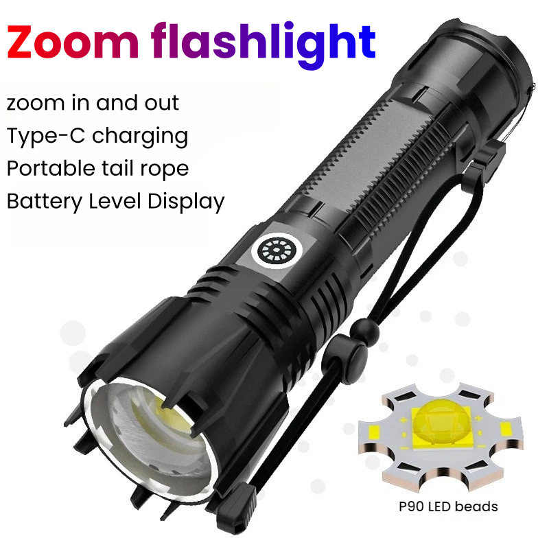 Outdoor Spotlight - Hochleistungs-P90-LED-Taschenlampe, wiederaufladbar, mit TYPE-C-Anschluss, Zoom-Spotlight, wasserdicht,